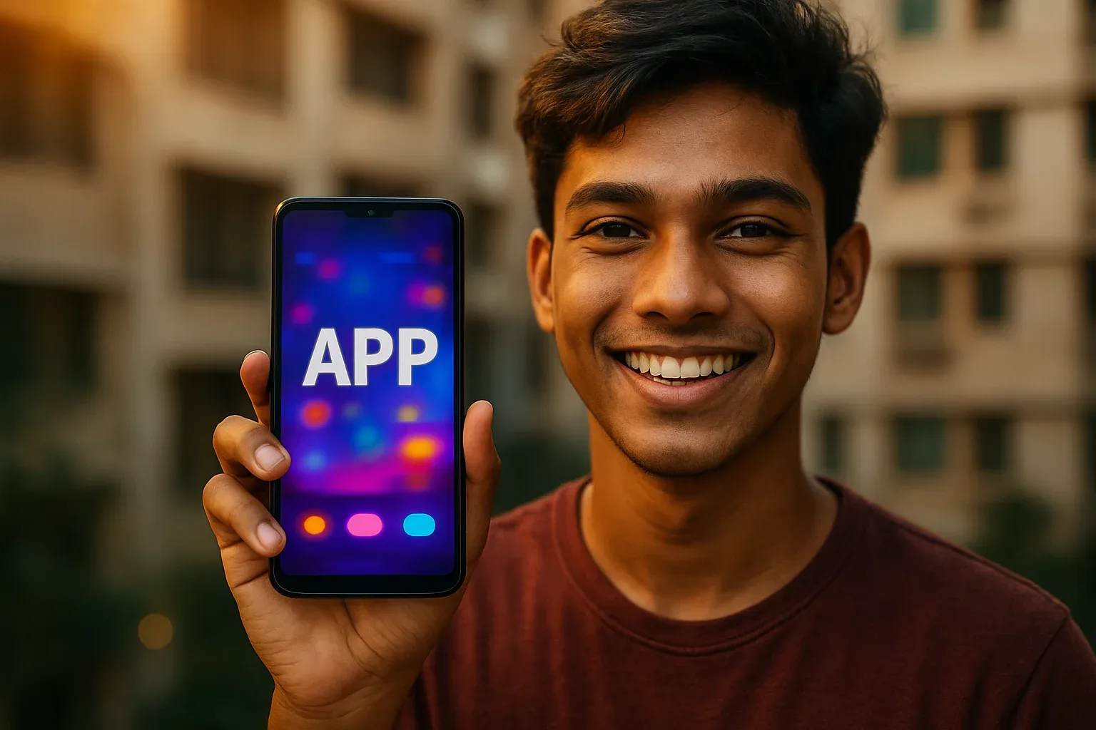 Young Bangladeshi man smiling, holding smartphone with colorful APP screen