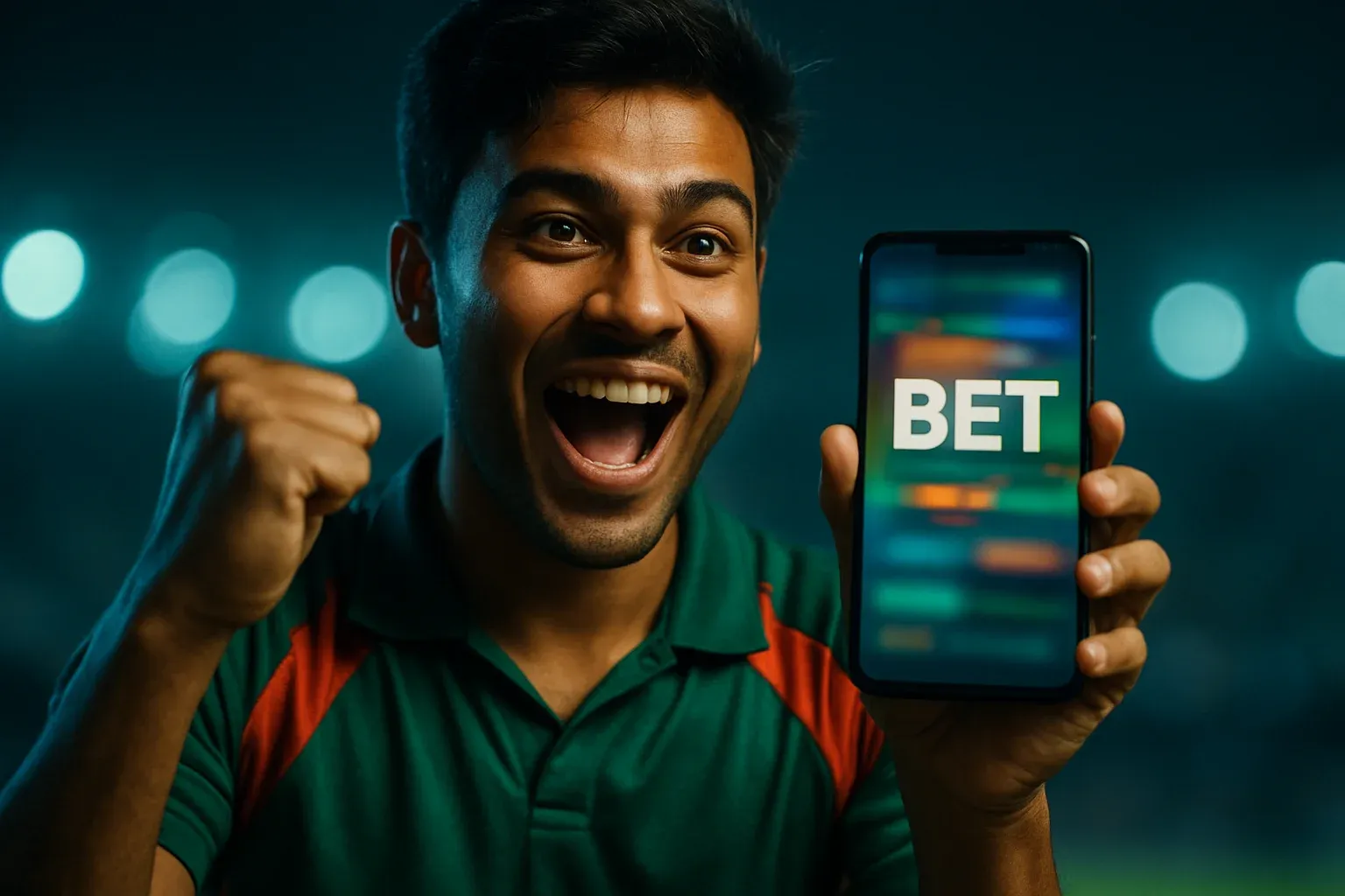 Excited Bangladeshi man holding smartphone with sports betting screen and BET text