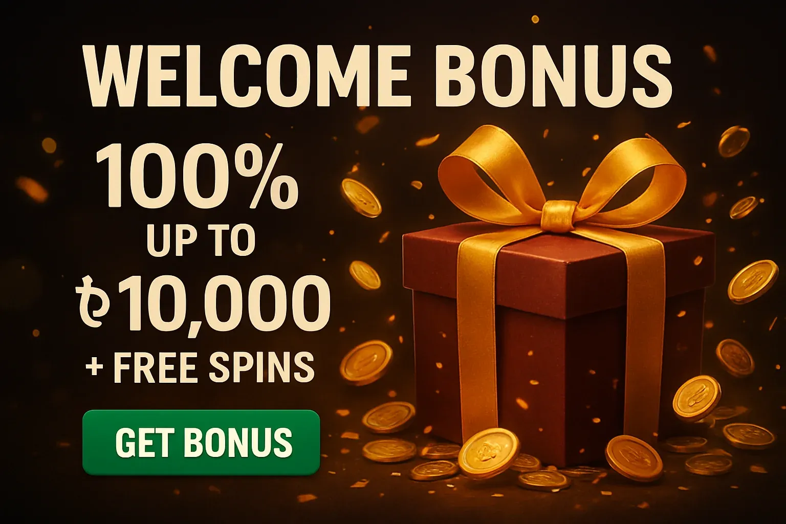 Casino welcome bonus banner with gift box, coins, confetti, and CTA