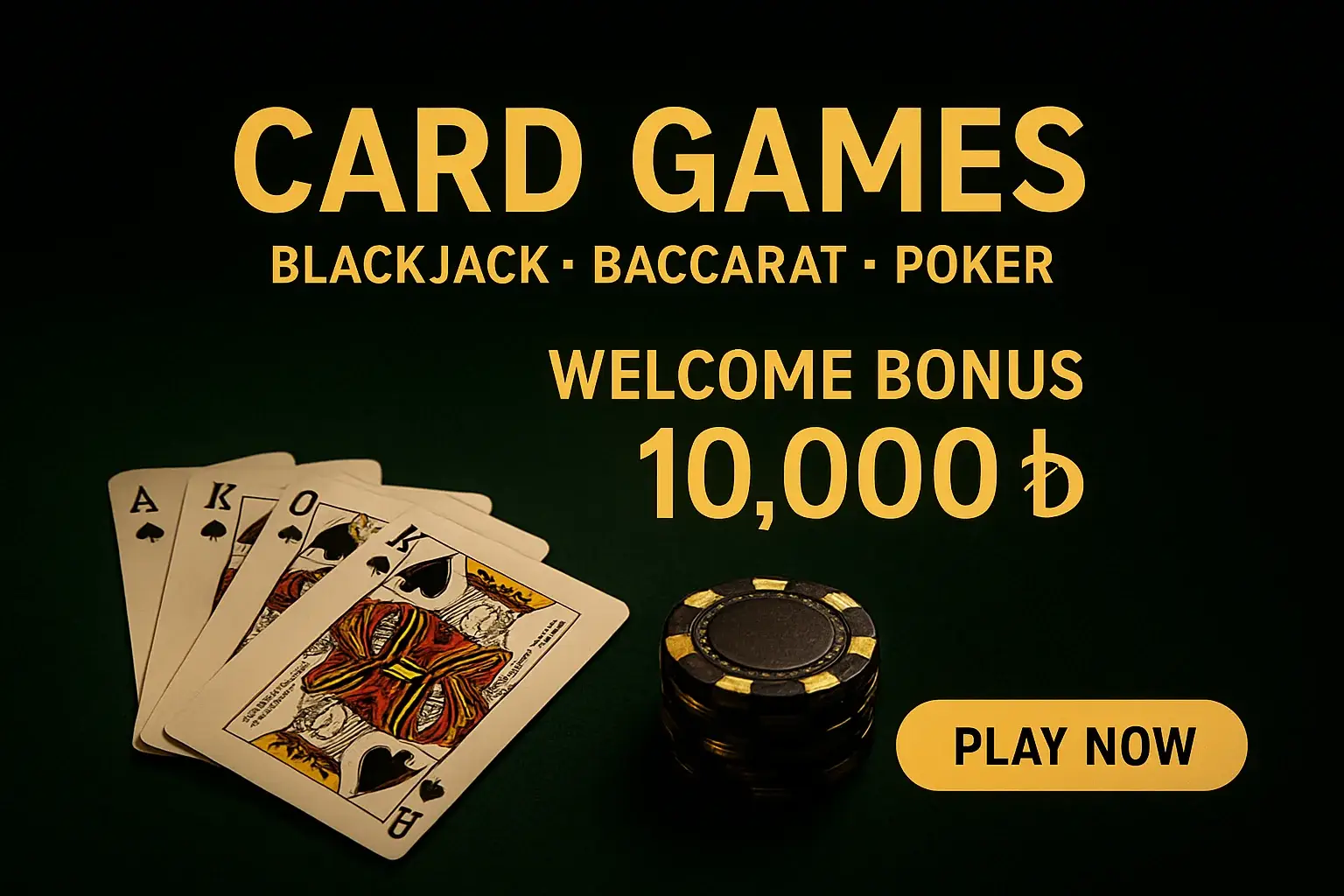Card games banner with playing cards, chips, and bonus offer