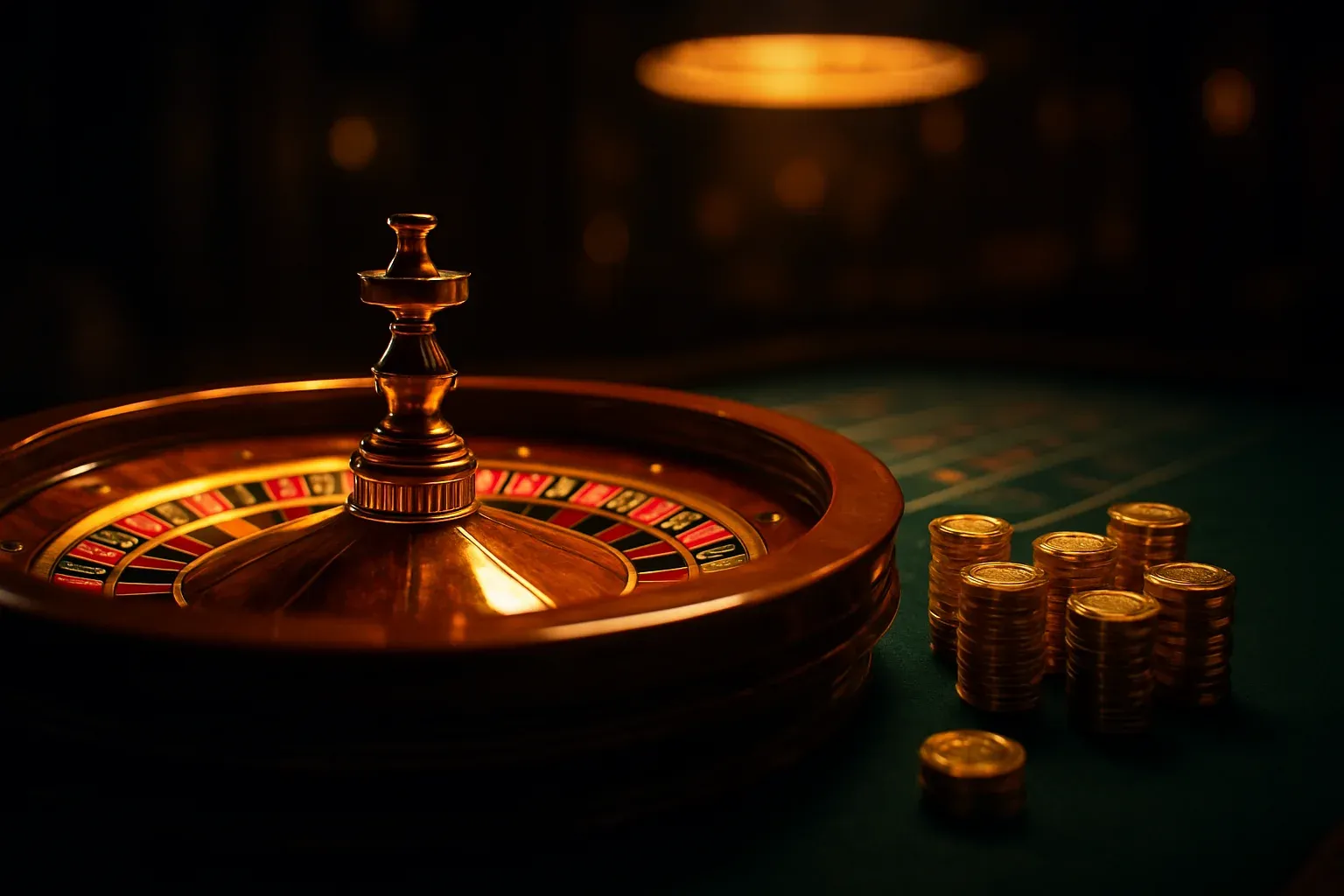 Elegant live casino table with glowing roulette wheel and golden chips
