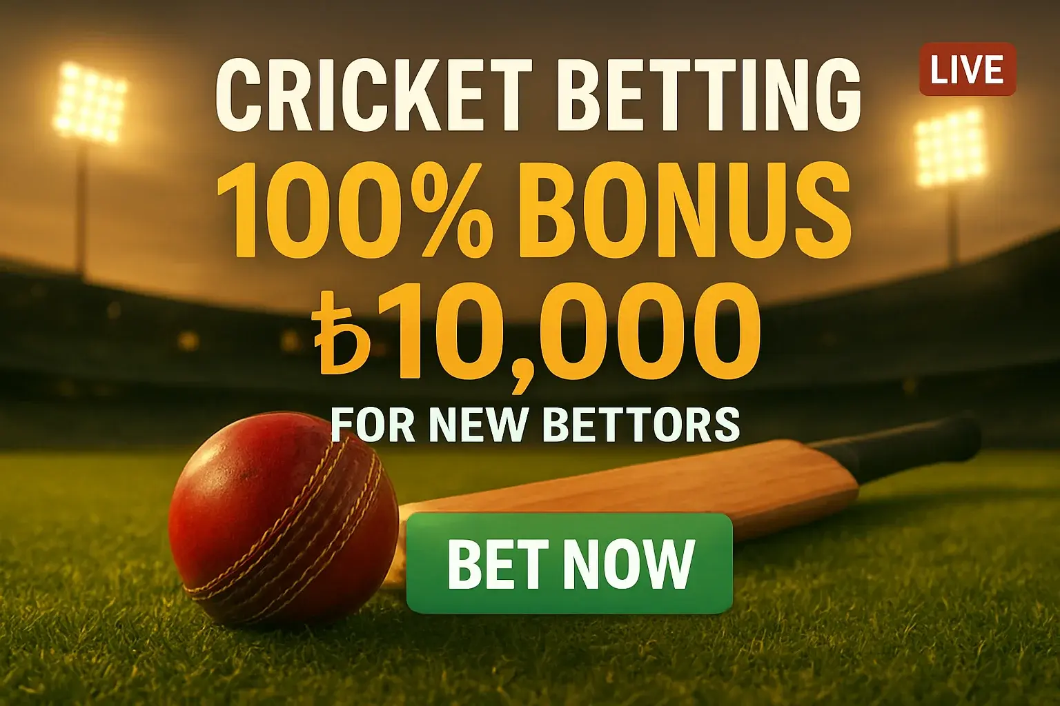 Cricket betting banner with stadium, bat, ball, bonus, and CTA