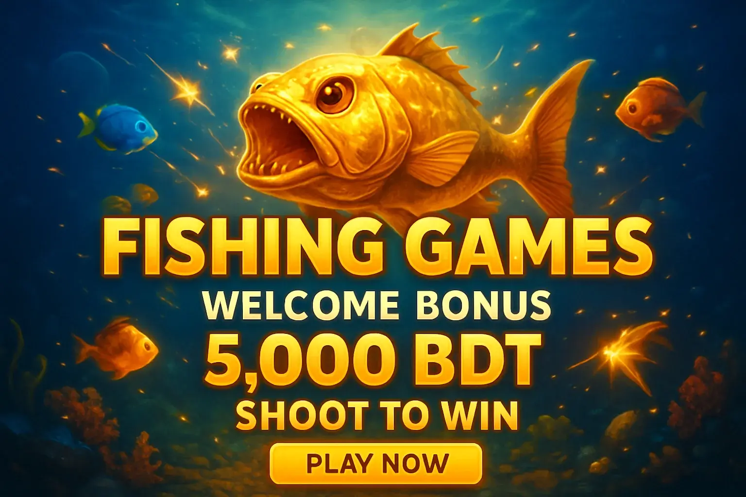 Fishing arcade banner with boss fish, bonus offer, and play button
