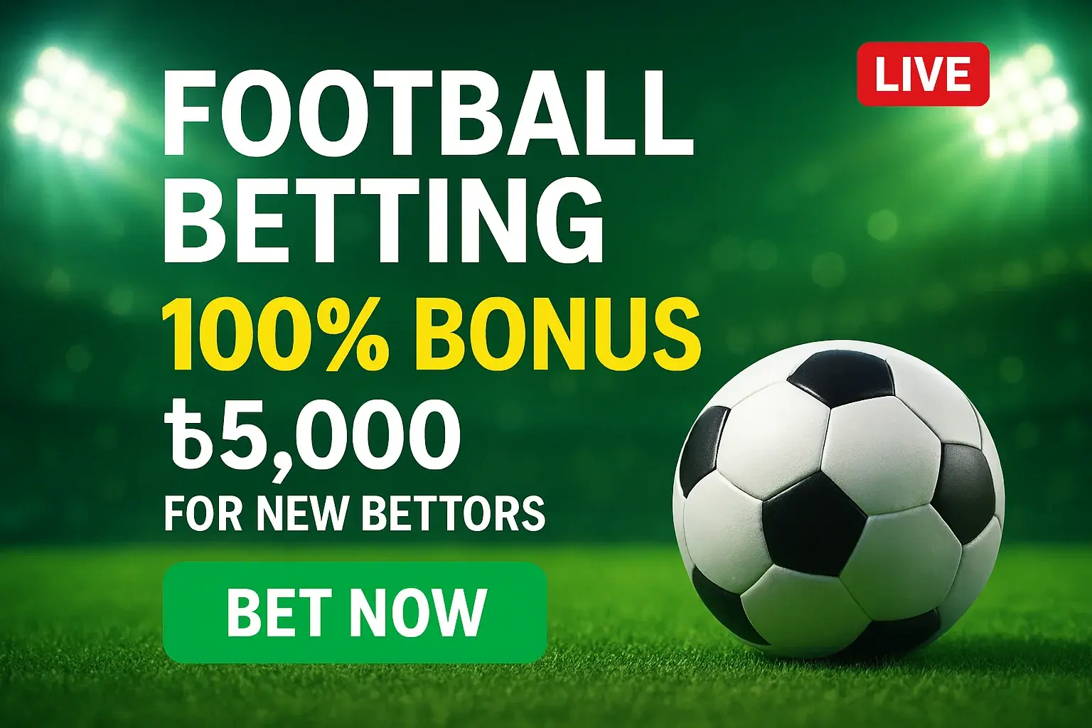 Football betting banner with soccer ball, stadium, bonus, and bet now button