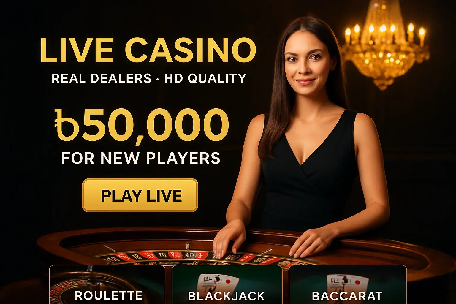 Live casino banner with female dealer, roulette, Bangladesh bonus offer