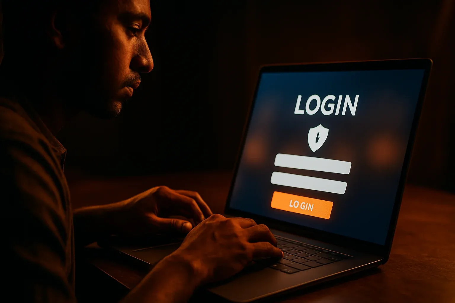 Young Bangladeshi man's hands on laptop showing login screen