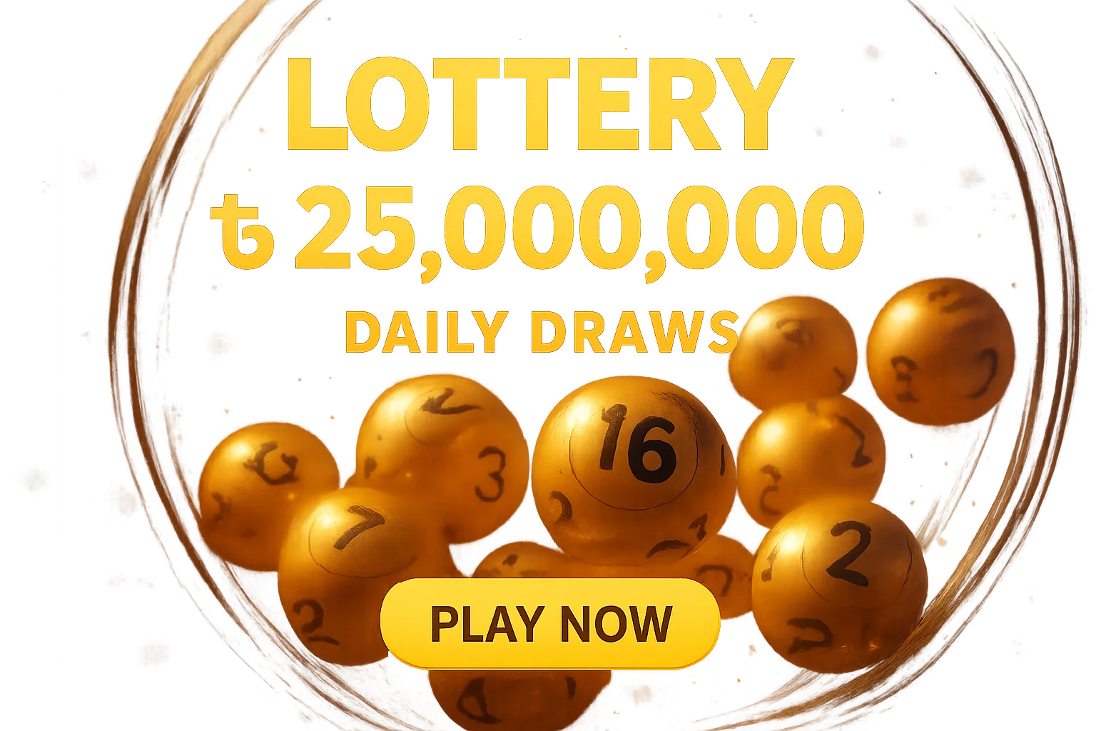 Festive lottery banner with golden balls, draw machine, jackpot, and play button