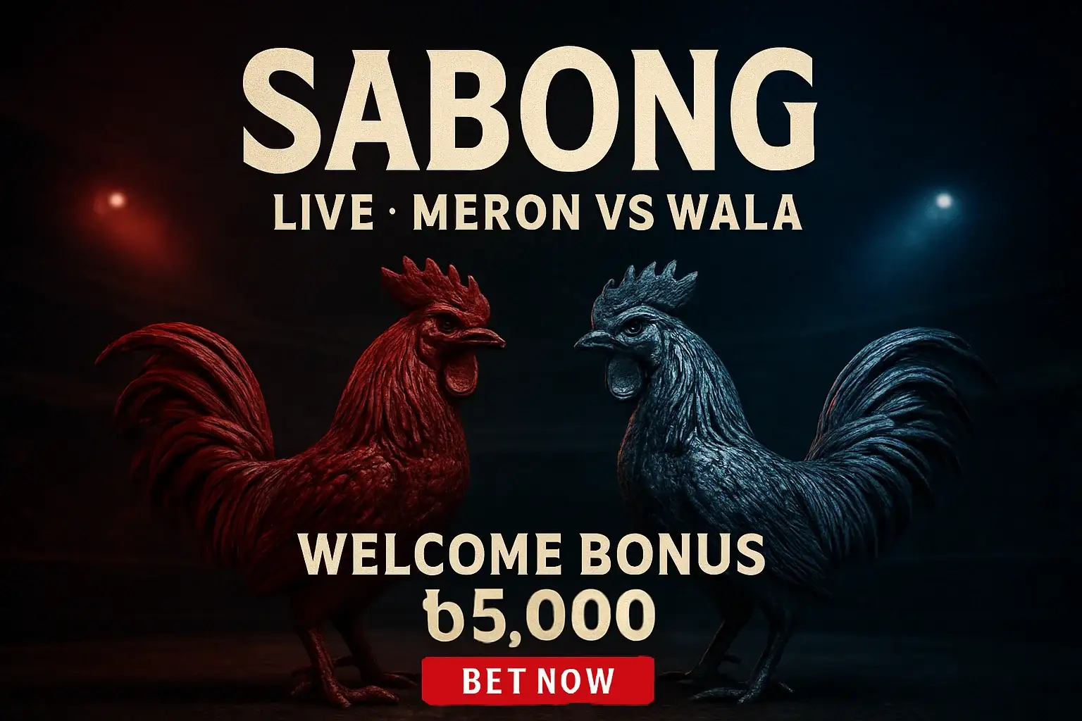 Live sabong banner with decorative rooster figurines and bonus offer