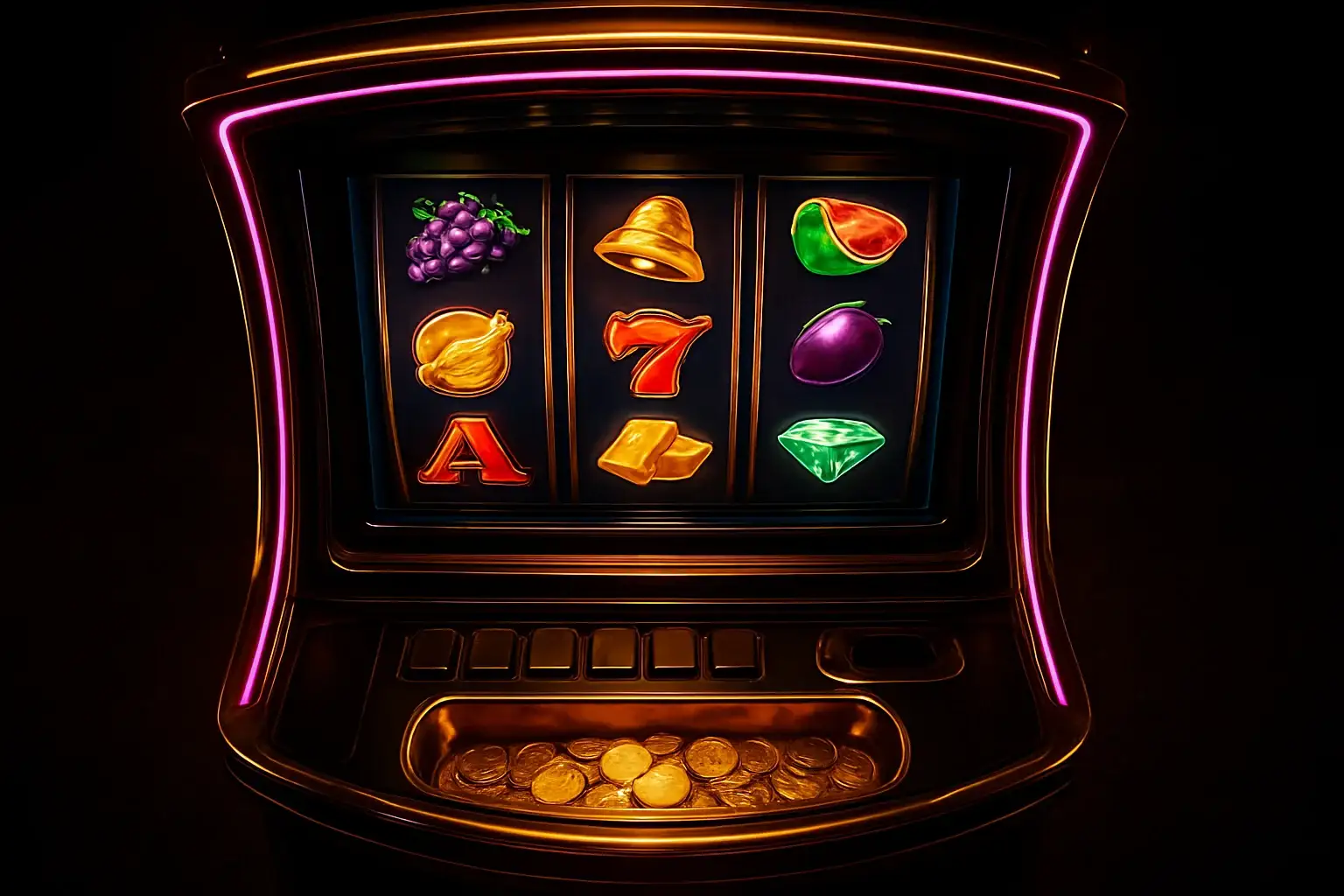 Hyperrealistic premium slot machine with glowing reels in dark luxury casino